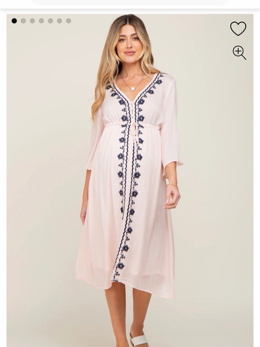 Pink blush maternity Pink Midi Dress with Navy Embroidery